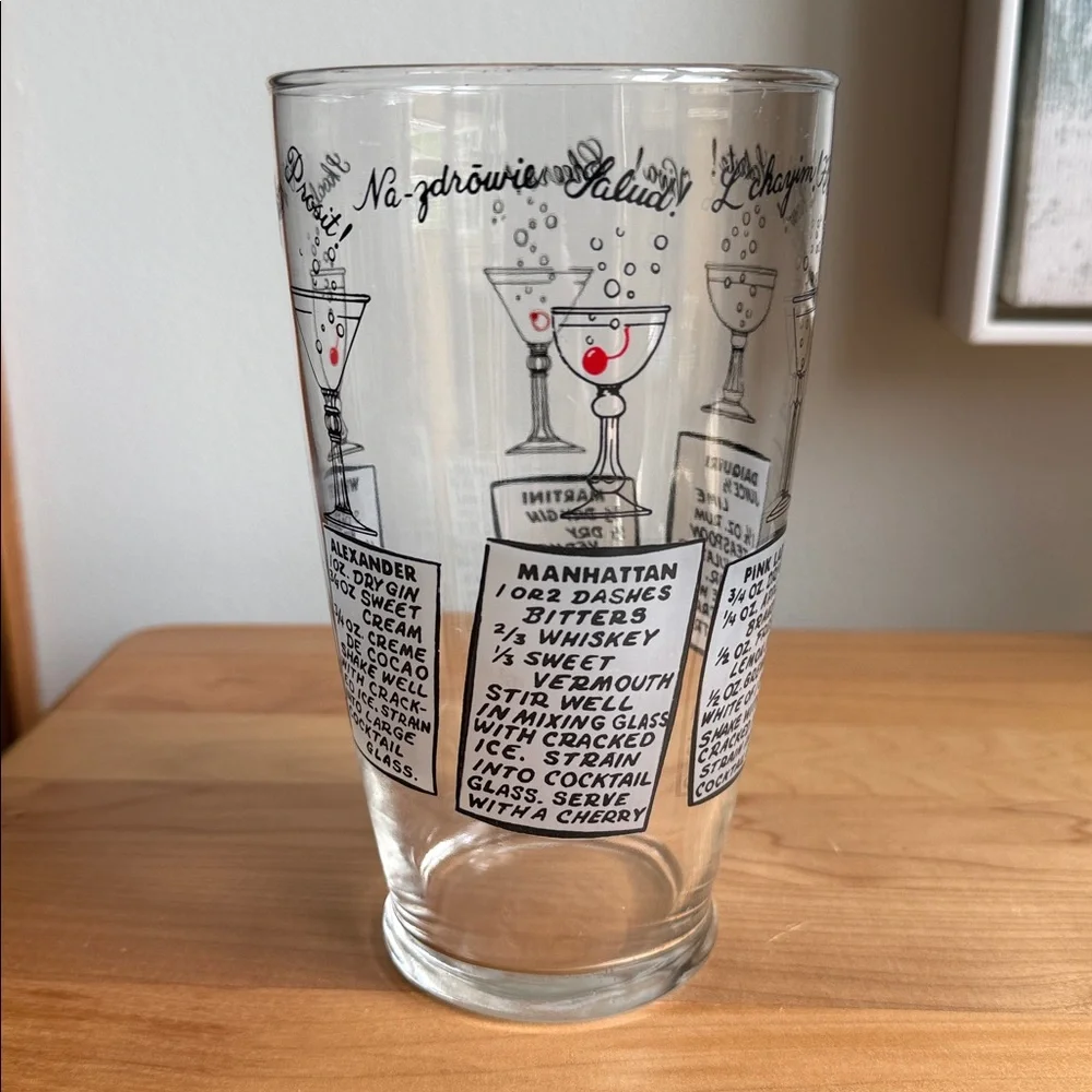 Vintage MCM Cocktail Recipe Mixing Glass Multi-Language Cheers Barware (No Lid)